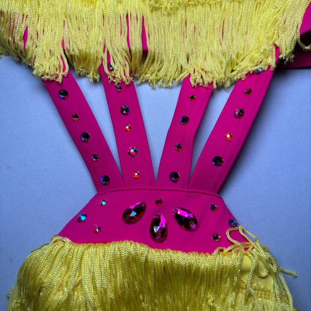 Weissman Elite Leotard Dance Costume‎ Girls MC Yellow Pink Halter Top Fringe